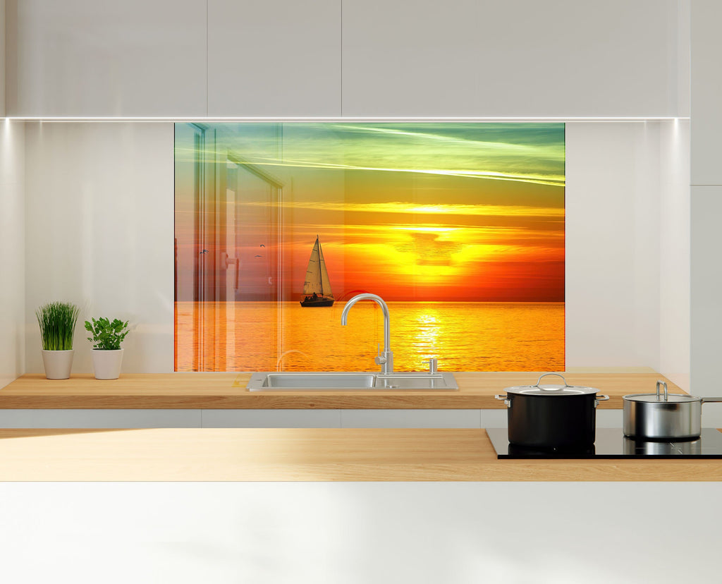 Golden Sunset Sailboat - Glass Kitchen Backsplash-BacksplashArtworks