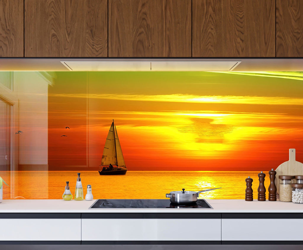 Golden Sunset Sailboat - Glass Kitchen Backsplash-BacksplashArtworks