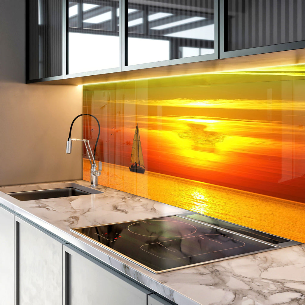 Golden Sunset Sailboat - Glass Kitchen Backsplash-BacksplashArtworks
