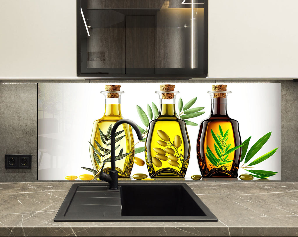 Olive Oil Glass Kitchen Backsplash – Elegant Olive Oil Bottles Design-BacksplashArtworks
