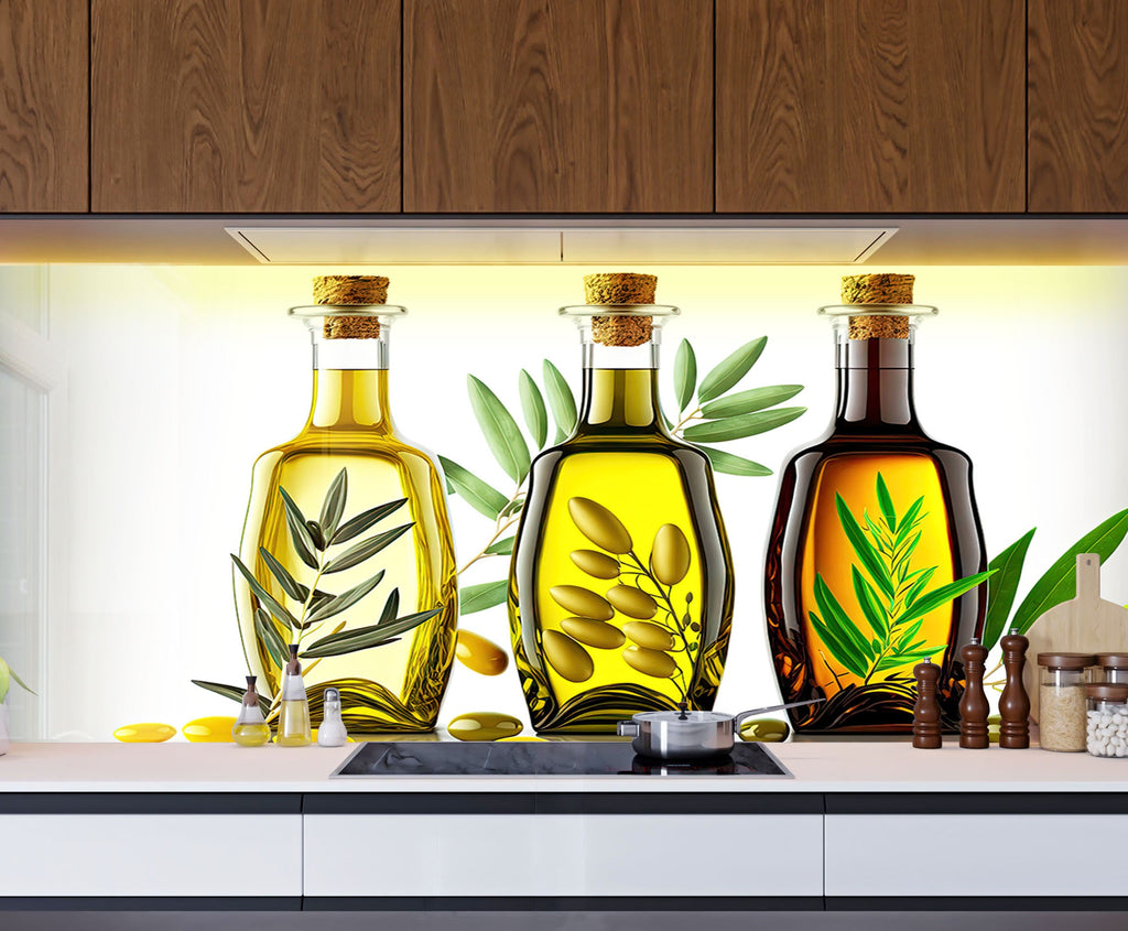 Olive Oil Glass Kitchen Backsplash – Elegant Olive Oil Bottles Design-BacksplashArtworks