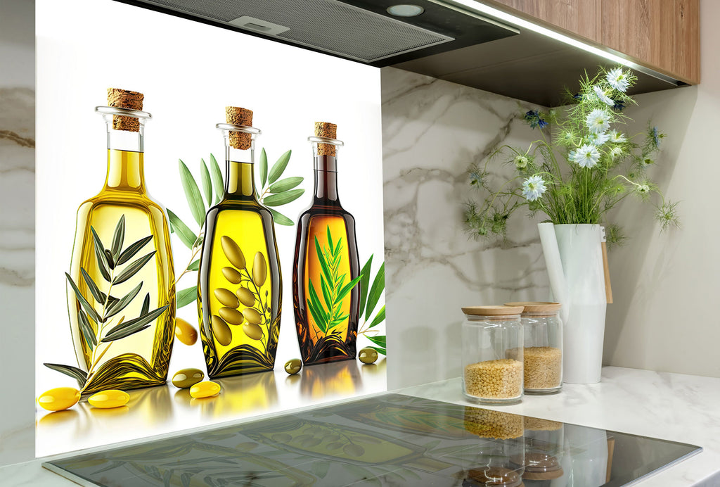 Olive Oil Glass Kitchen Backsplash – Elegant Olive Oil Bottles Design-BacksplashArtworks