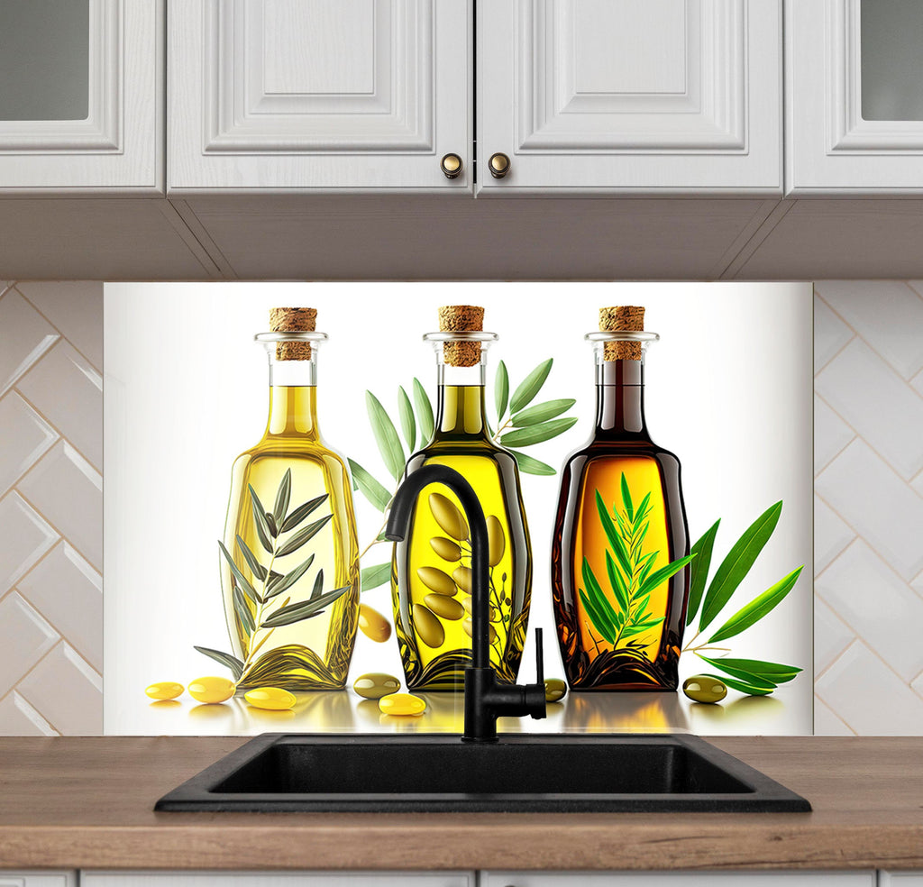 Olive Oil Glass Kitchen Backsplash – Elegant Olive Oil Bottles Design-BacksplashArtworks