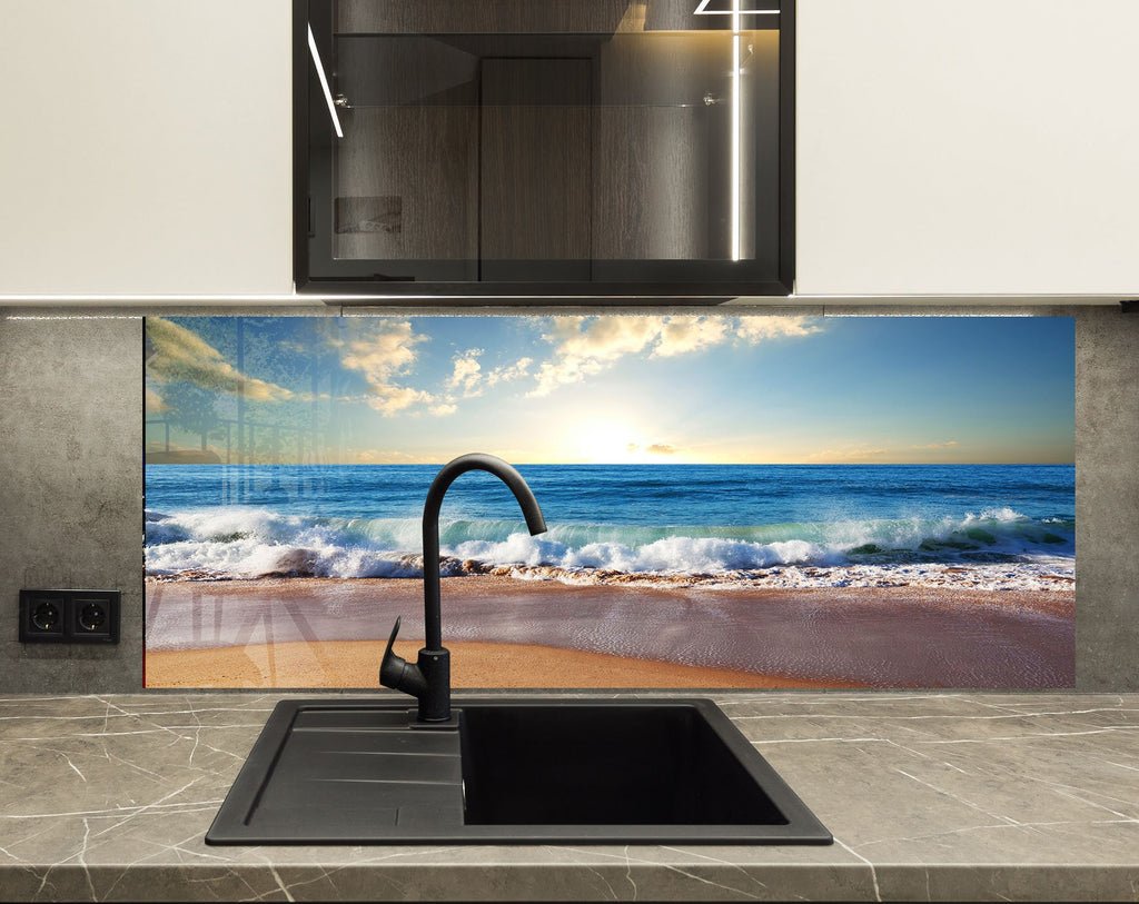 Golden Beach Waves - Glass Kitchen Backsplash-BacksplashArtworks