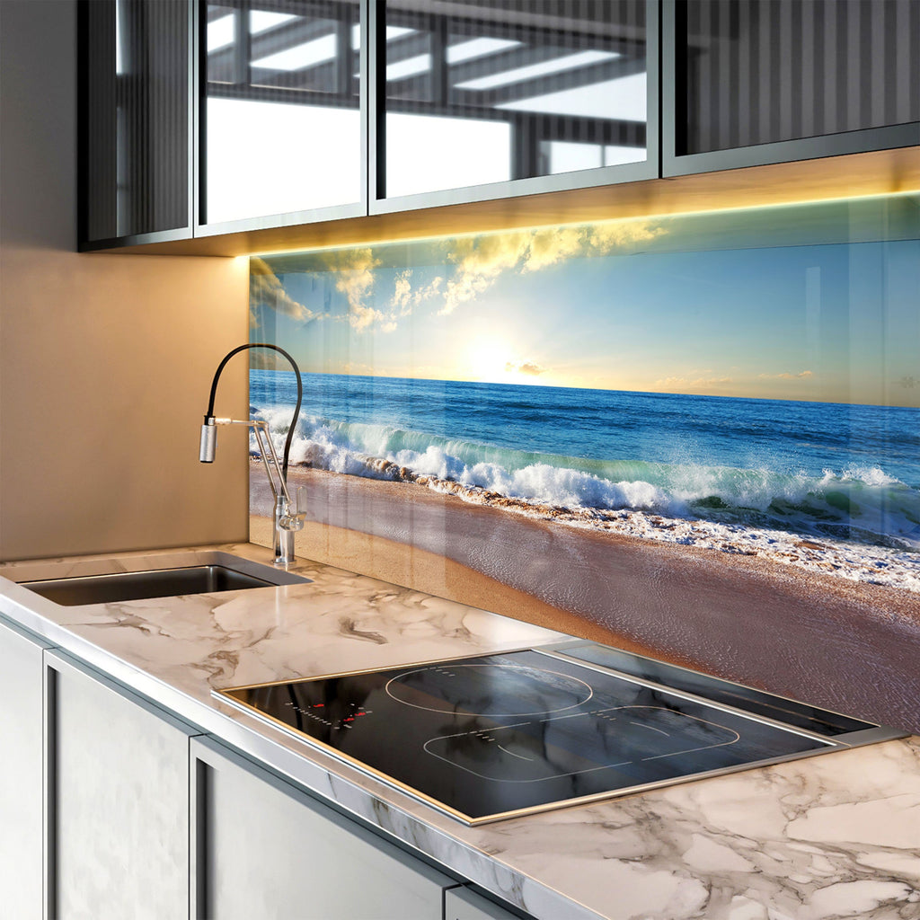 Golden Beach Waves - Glass Kitchen Backsplash-BacksplashArtworks