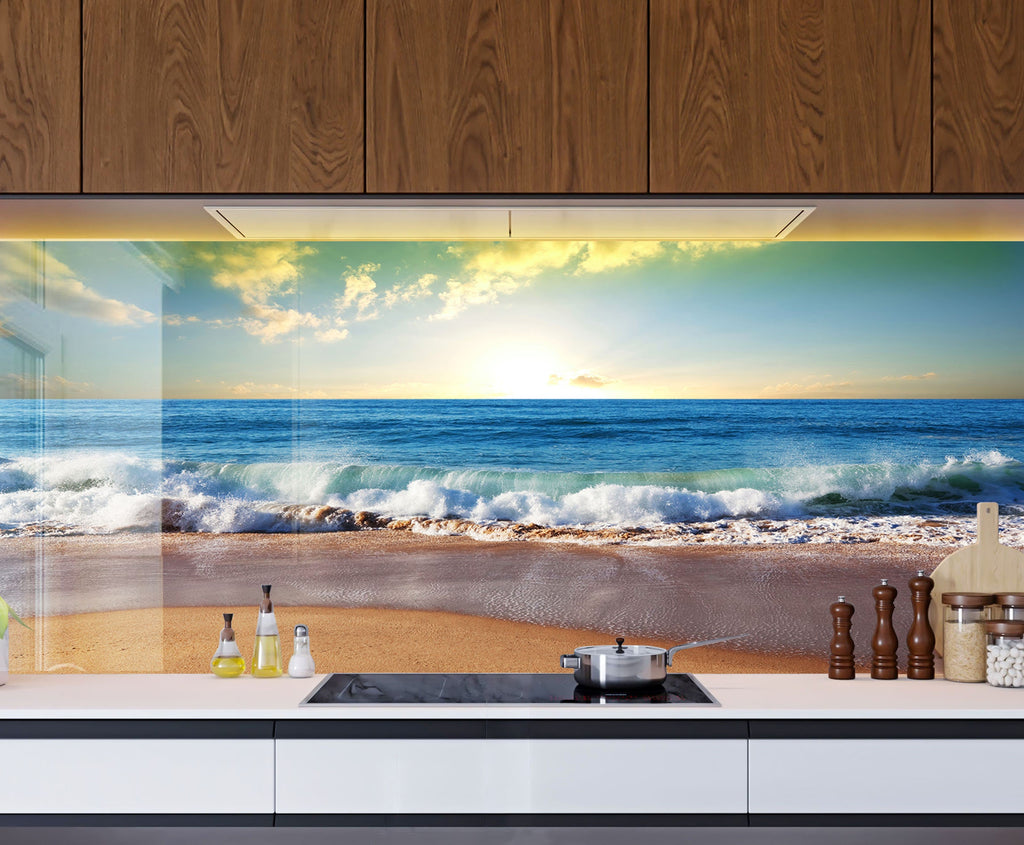 Golden Beach Waves - Glass Kitchen Backsplash-BacksplashArtworks