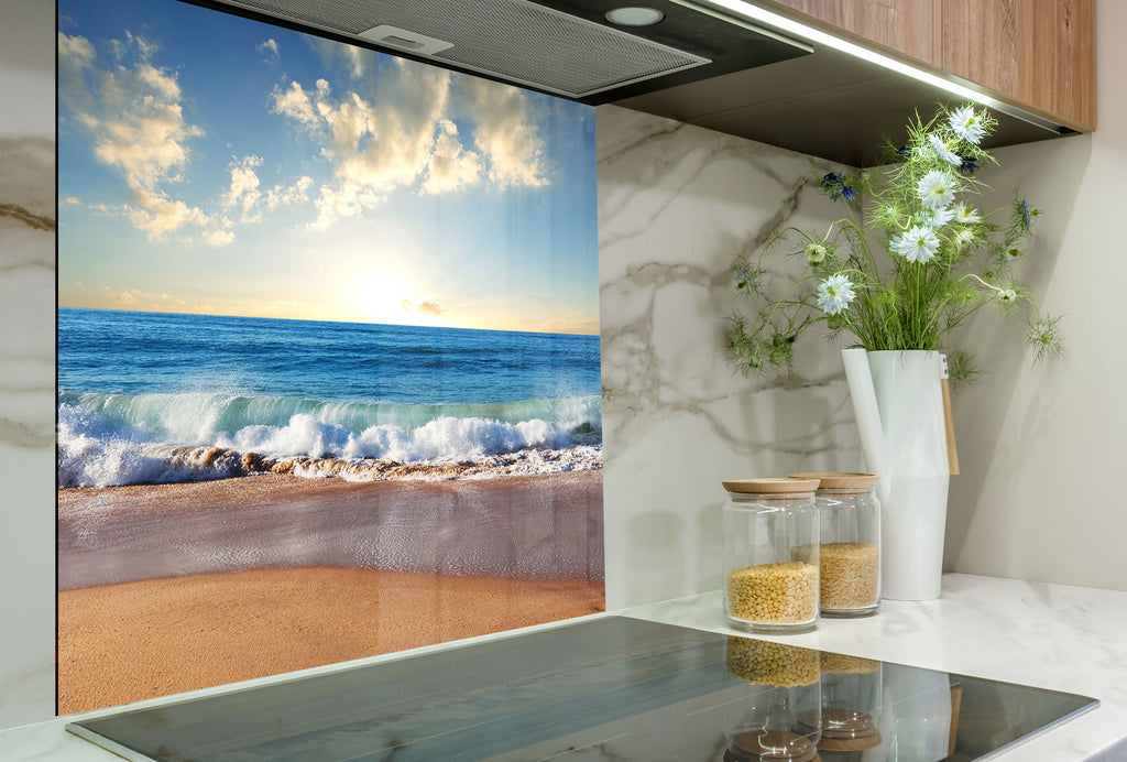 Golden Beach Waves - Glass Kitchen Backsplash-BacksplashArtworks