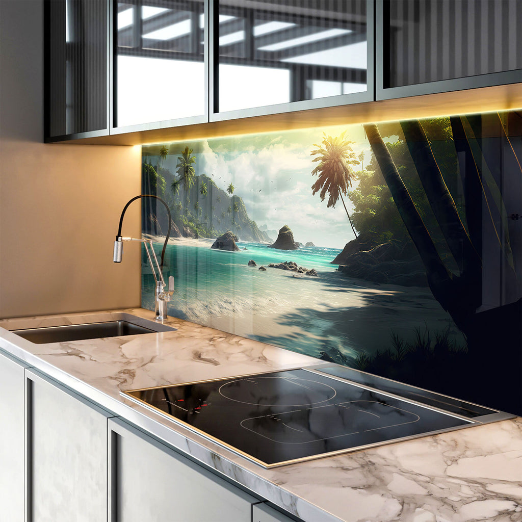 Tropical Paradise Beach - Tempered Glass Kitchen Backsplash-BacksplashArtworks