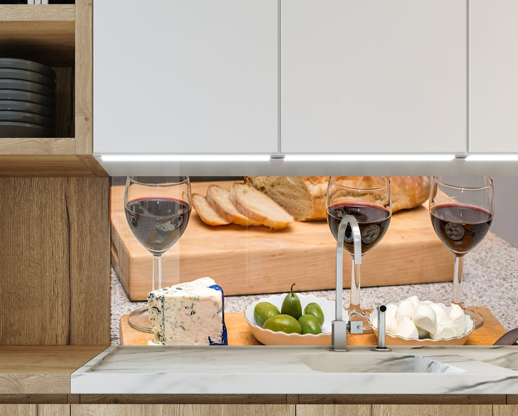 Wine & Cheese Glass Kitchen Backsplash – Elegant Dining Design-BacksplashArtworks