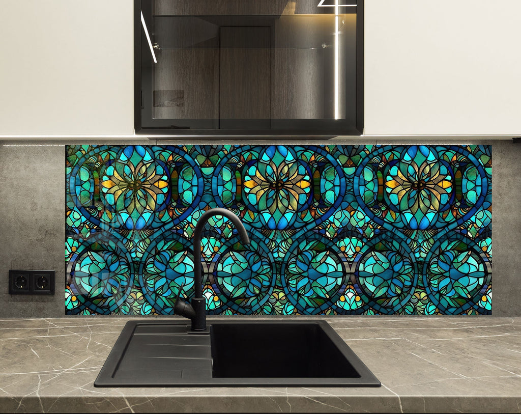 Stained Glass Floral Design - Glass Kitchen Backsplash-BacksplashArtworks