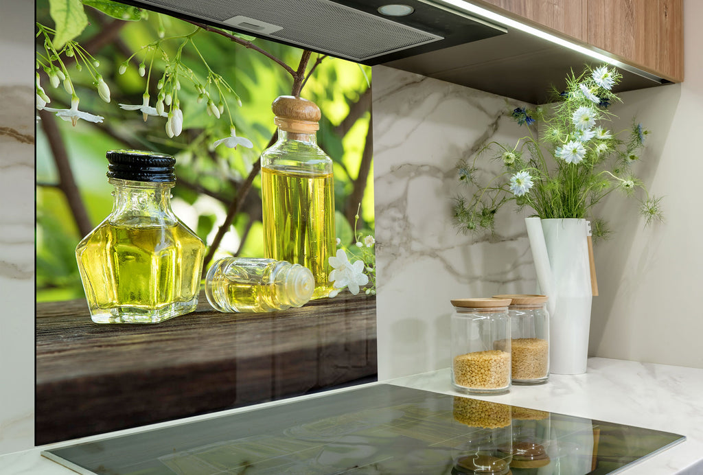 Olive Oil Glass Kitchen Backsplash – Fresh Olive and Blossom Design-BacksplashArtworks