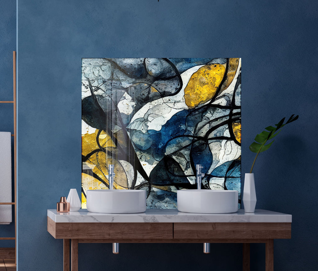 Modern Abstract Blue & Gold - Glass Kitchen Backsplash-BacksplashArtworks
