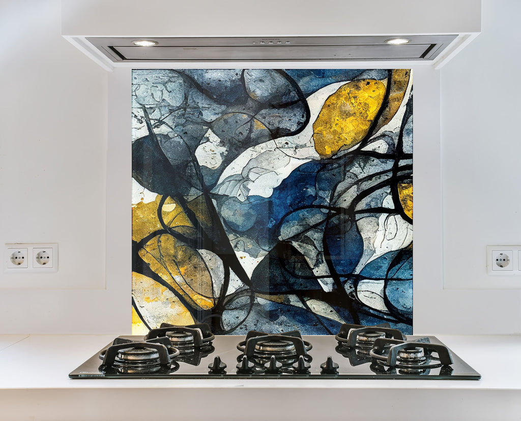 Modern Abstract Blue & Gold - Glass Kitchen Backsplash-BacksplashArtworks