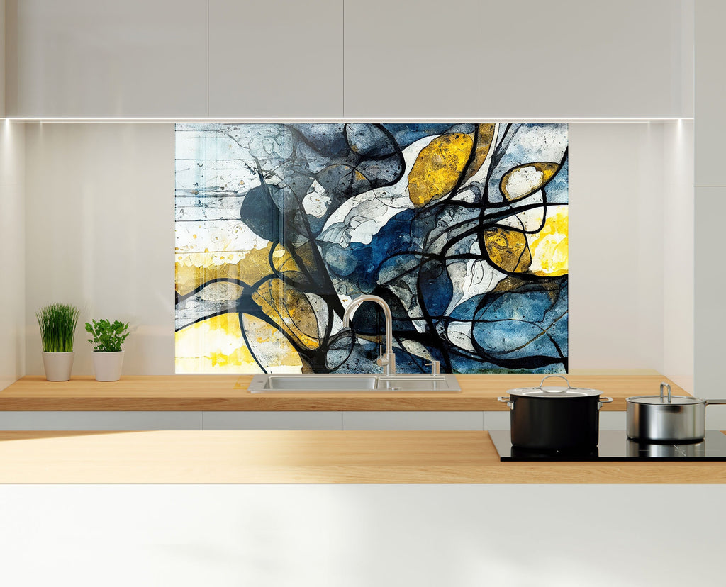Modern Abstract Blue & Gold - Glass Kitchen Backsplash-BacksplashArtworks