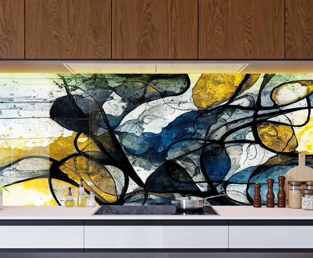 Modern Abstract Blue & Gold - Glass Kitchen Backsplash-BacksplashArtworks