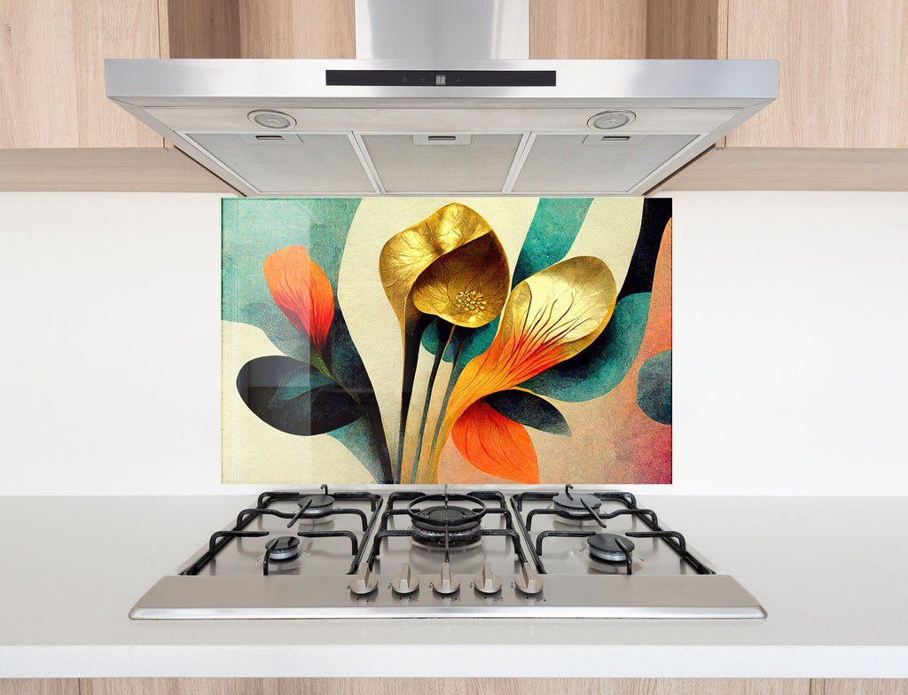 Golden Abstract Flora - Glass Kitchen Backsplash-BacksplashArtworks