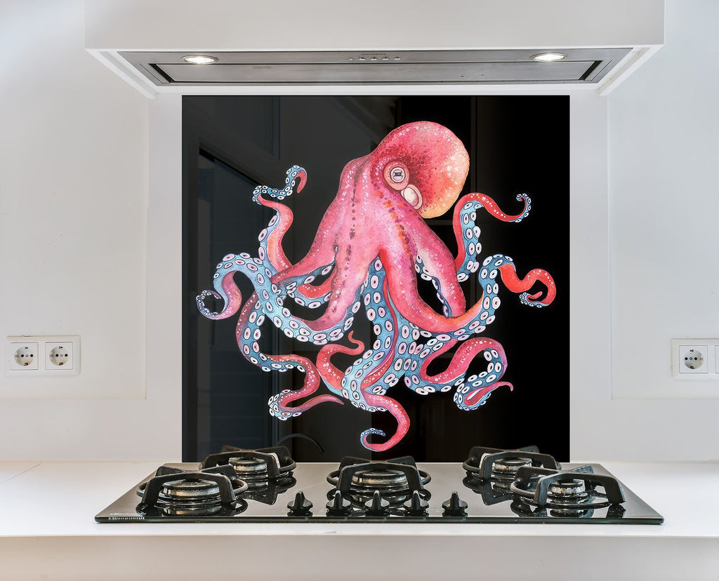 Pink Octopus – Glass Kitchen Backsplash-BacksplashArtworks