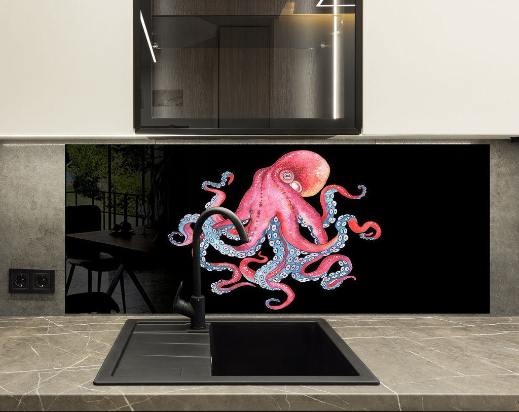 Pink Octopus – Glass Kitchen Backsplash-BacksplashArtworks