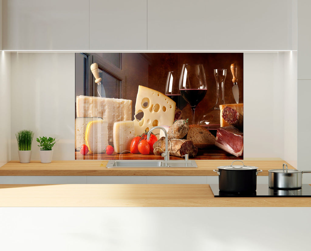 Wine & Cheese Glass Kitchen Backsplash – Gourmet Charcuterie Design-BacksplashArtworks