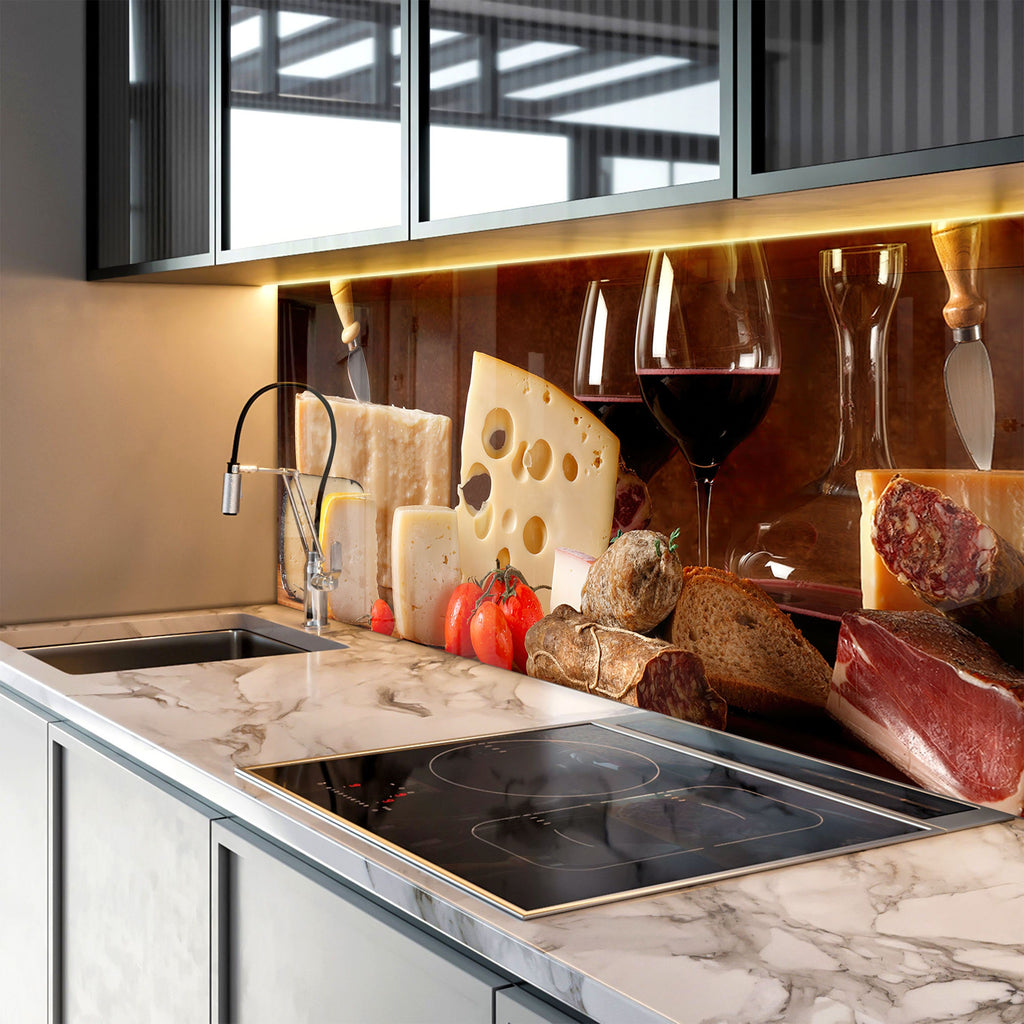 Wine & Cheese Glass Kitchen Backsplash – Gourmet Charcuterie Design-BacksplashArtworks