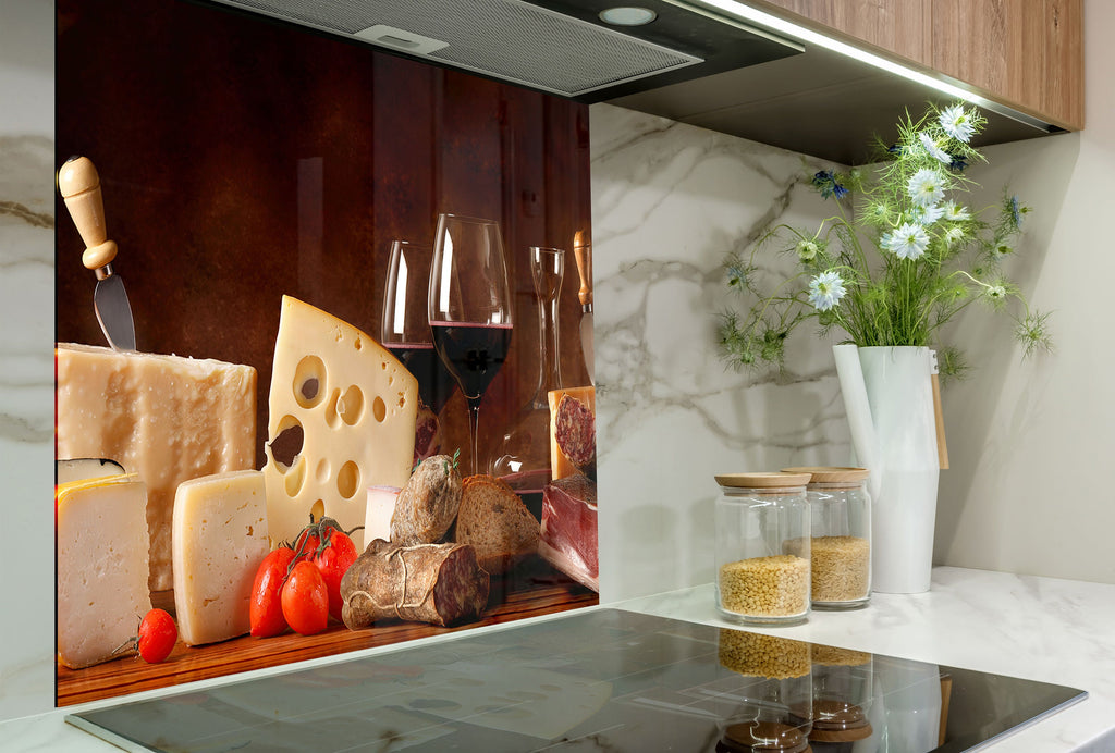 Wine & Cheese Glass Kitchen Backsplash – Gourmet Charcuterie Design-BacksplashArtworks