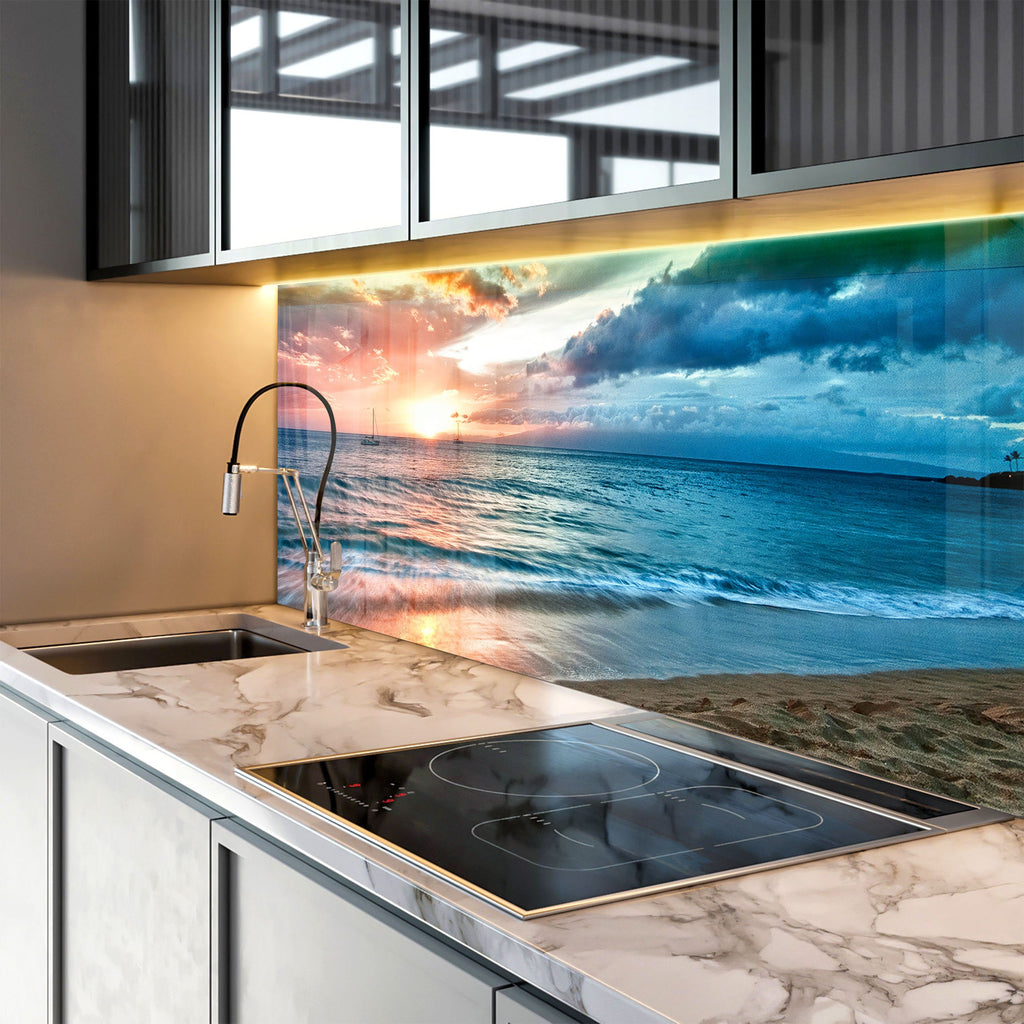 Ocean Sunset Serenity - Tempered Glass Kitchen Backsplash-BacksplashArtworks