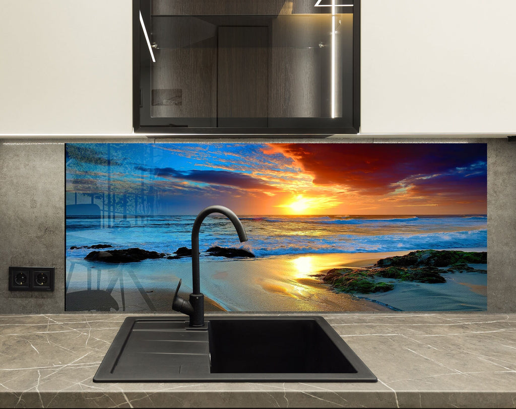 Golden Sunset Beach - Tempered Glass Kitchen Backsplash-BacksplashArtworks