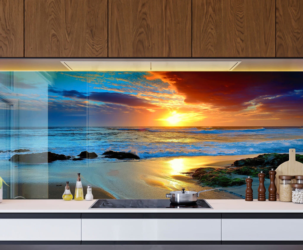 Golden Sunset Beach - Tempered Glass Kitchen Backsplash-BacksplashArtworks