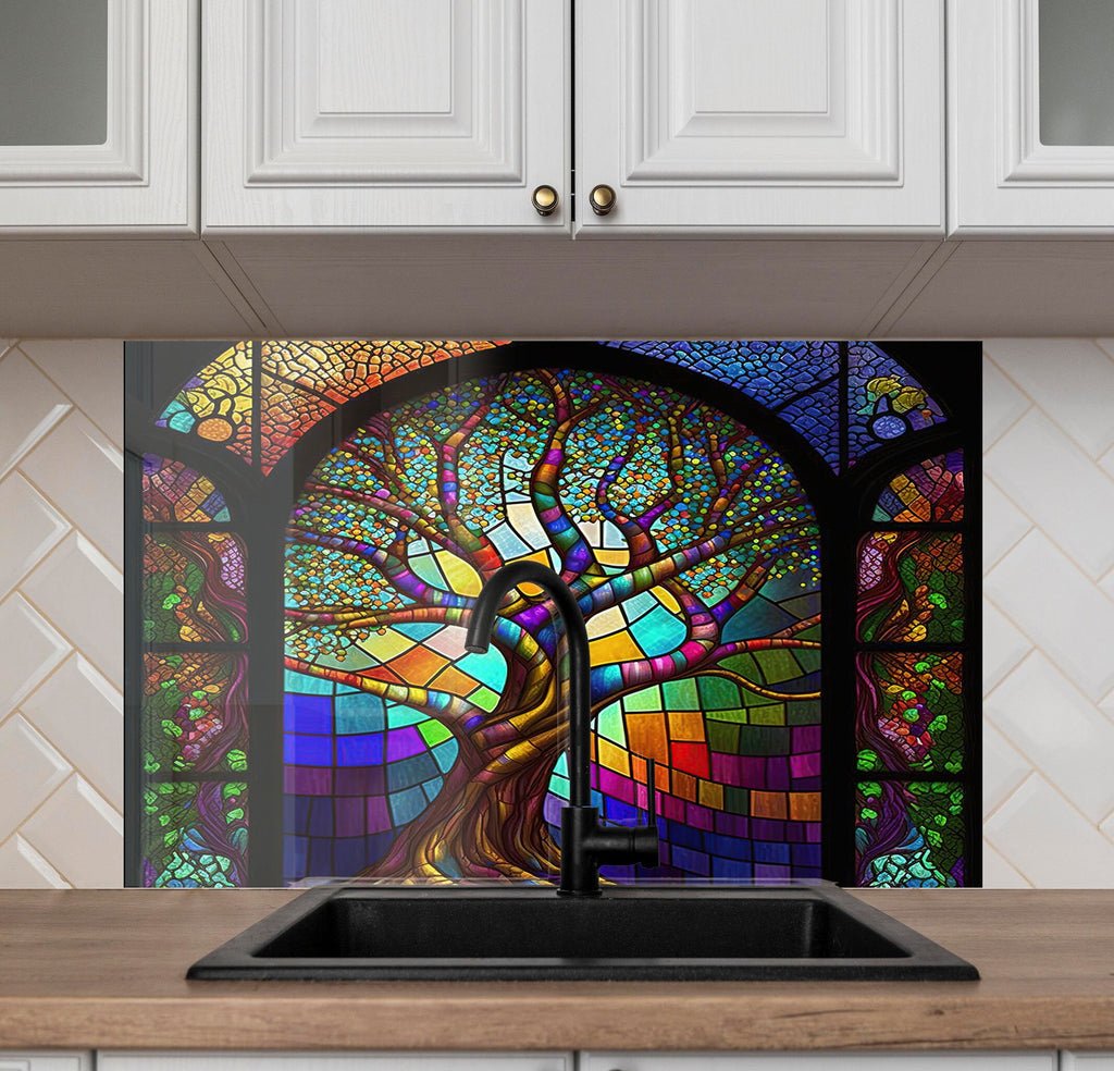 Colored Tree of Life Stained - Glass Kitchen Backsplash-BacksplashArtworks