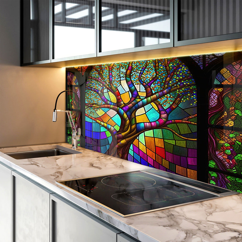 Colored Tree of Life Stained - Glass Kitchen Backsplash-BacksplashArtworks
