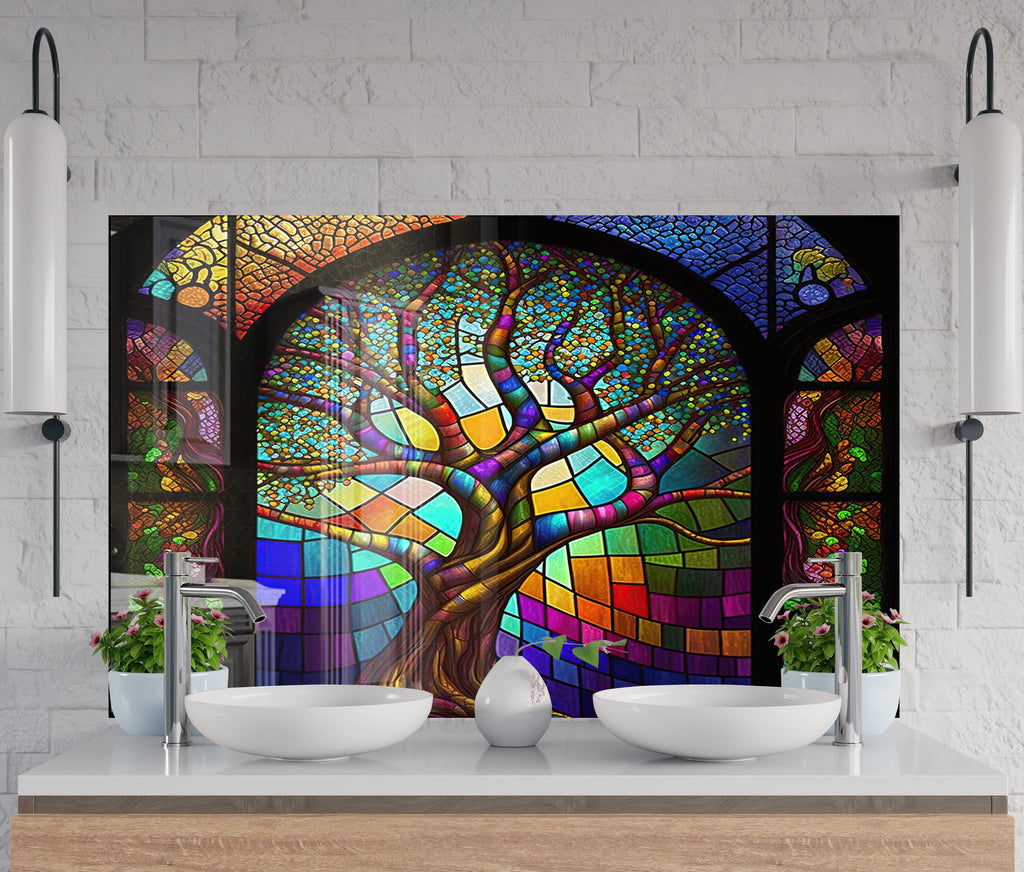 Colored Tree of Life Stained - Glass Kitchen Backsplash-BacksplashArtworks