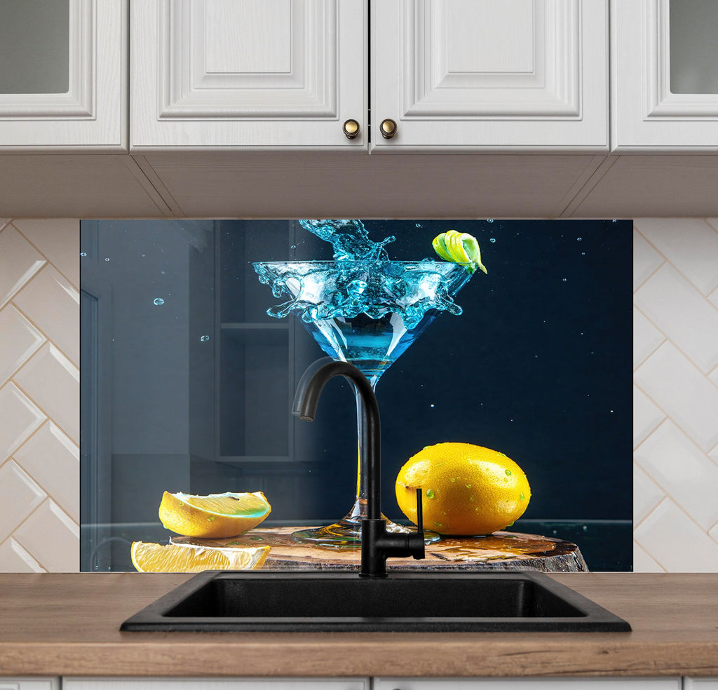 Elegant Blue Cocktail – Glass Kitchen Backsplash-BacksplashArtworks