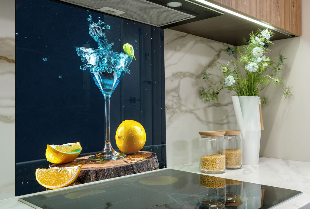 Elegant Blue Cocktail – Glass Kitchen Backsplash-BacksplashArtworks