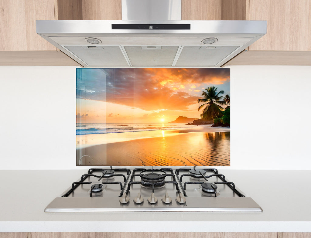 Tropical Sunset Beach Wall Art – Tempered Glass Bathroom Backsplash-BacksplashArtworks