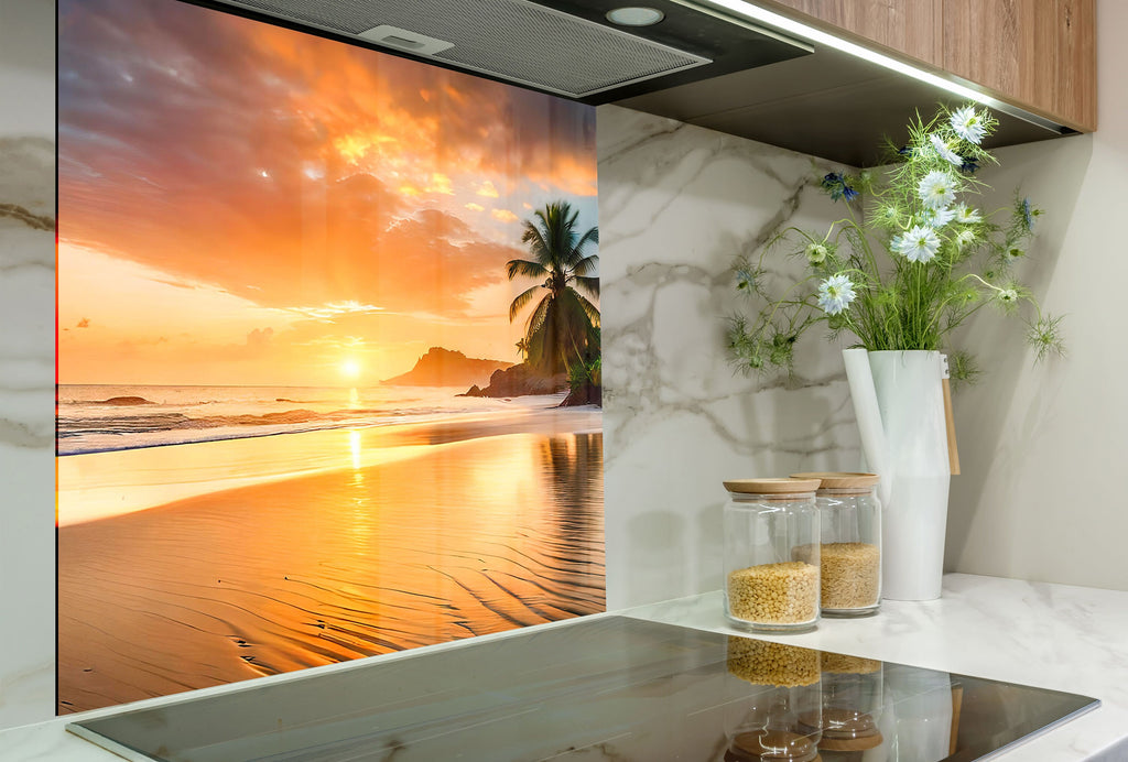 Tropical Sunset Beach Wall Art – Tempered Glass Bathroom Backsplash-BacksplashArtworks