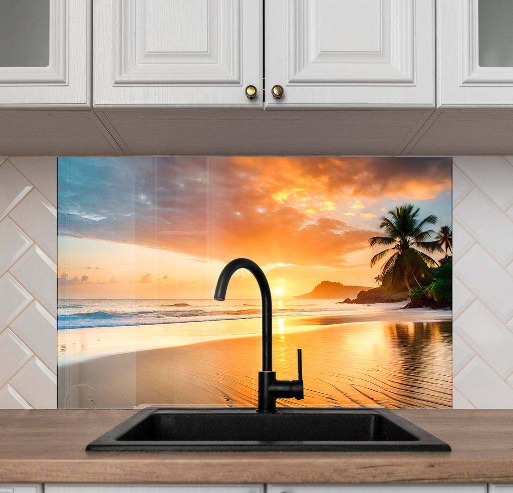 Tropical Sunset Beach Wall Art – Tempered Glass Bathroom Backsplash-BacksplashArtworks