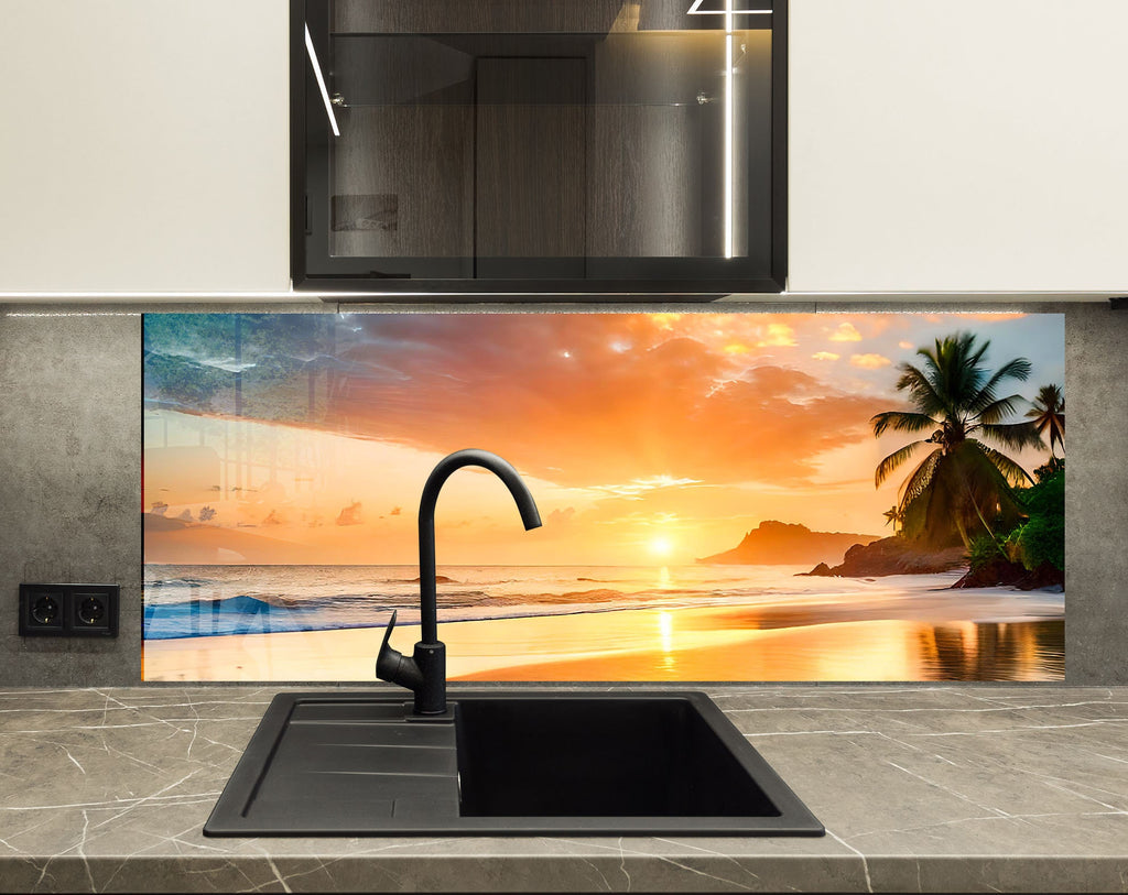 Tropical Sunset Beach Wall Art – Tempered Glass Bathroom Backsplash-BacksplashArtworks