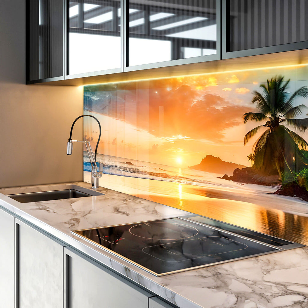 Tropical Sunset Beach Wall Art – Tempered Glass Bathroom Backsplash-BacksplashArtworks