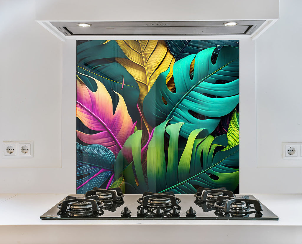 Neon Tropical Leaves - Glass Kitchen Backsplash-BacksplashArtworks