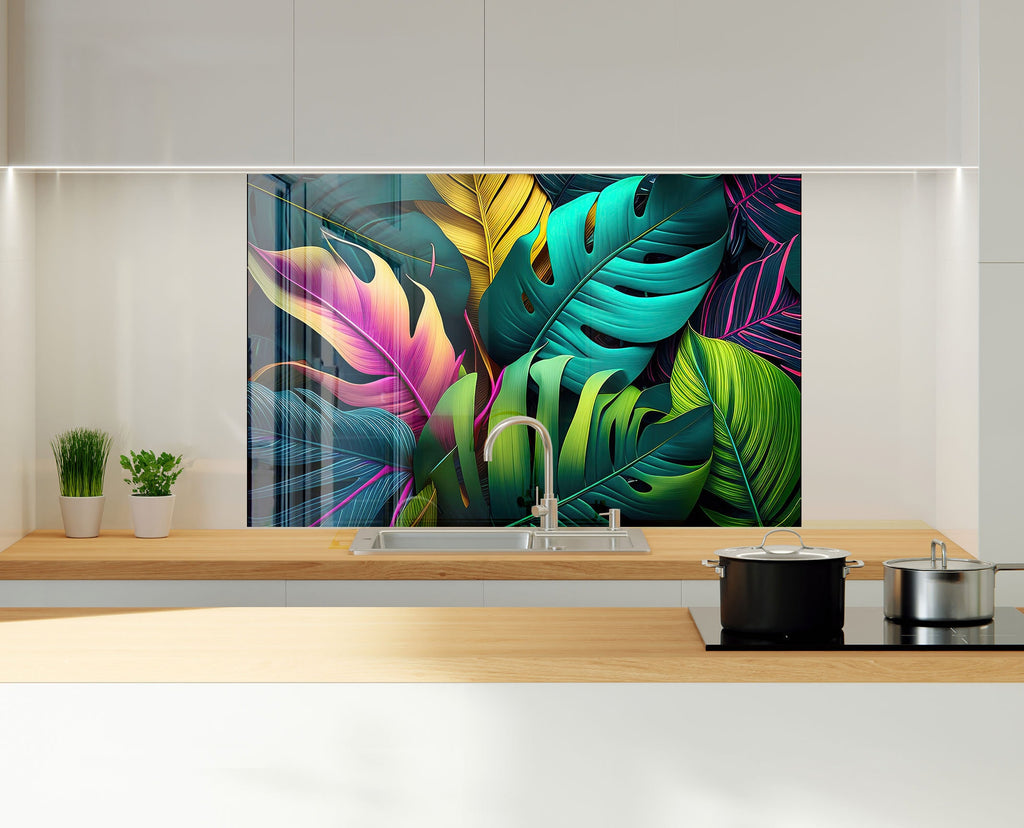 Neon Tropical Leaves - Glass Kitchen Backsplash-BacksplashArtworks