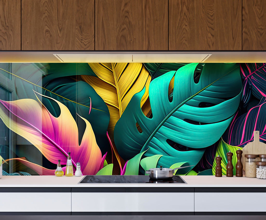 Neon Tropical Leaves - Glass Kitchen Backsplash-BacksplashArtworks