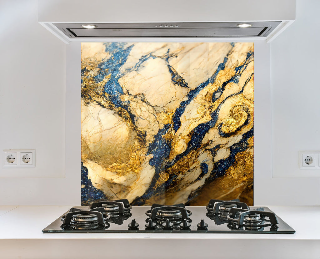 Gold & Navy Marble Fusion - Glass Kitchen Backsplash-BacksplashArtworks