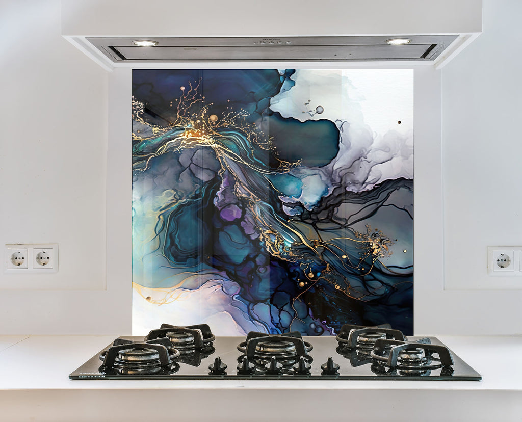 Midnight Blue & Gold Swirl - Glass Kitchen Backsplash-BacksplashArtworks