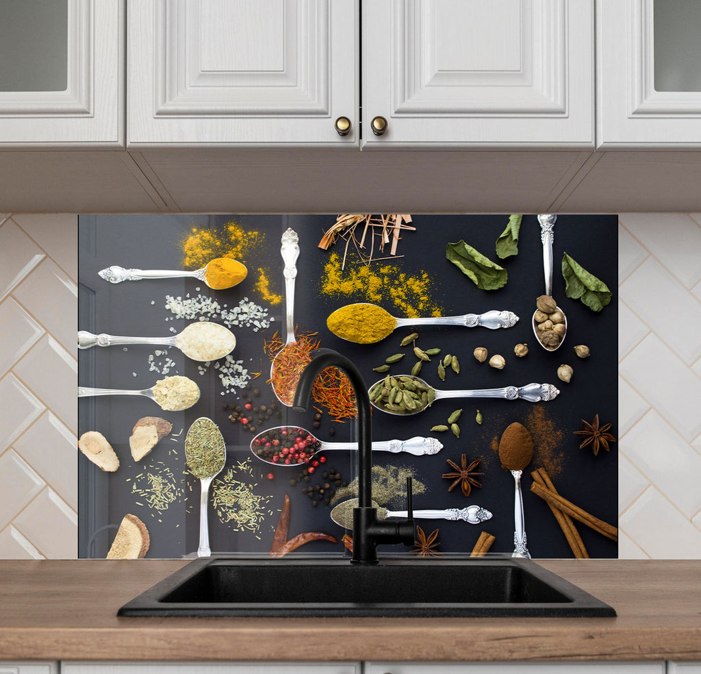 Silver Elegance Spice Art - Glass Kitchen Backsplash-BacksplashArtworks