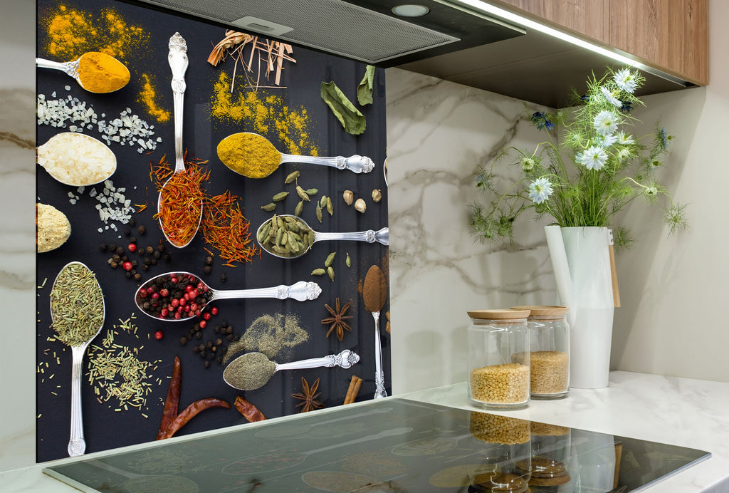 Silver Elegance Spice Art - Glass Kitchen Backsplash-BacksplashArtworks