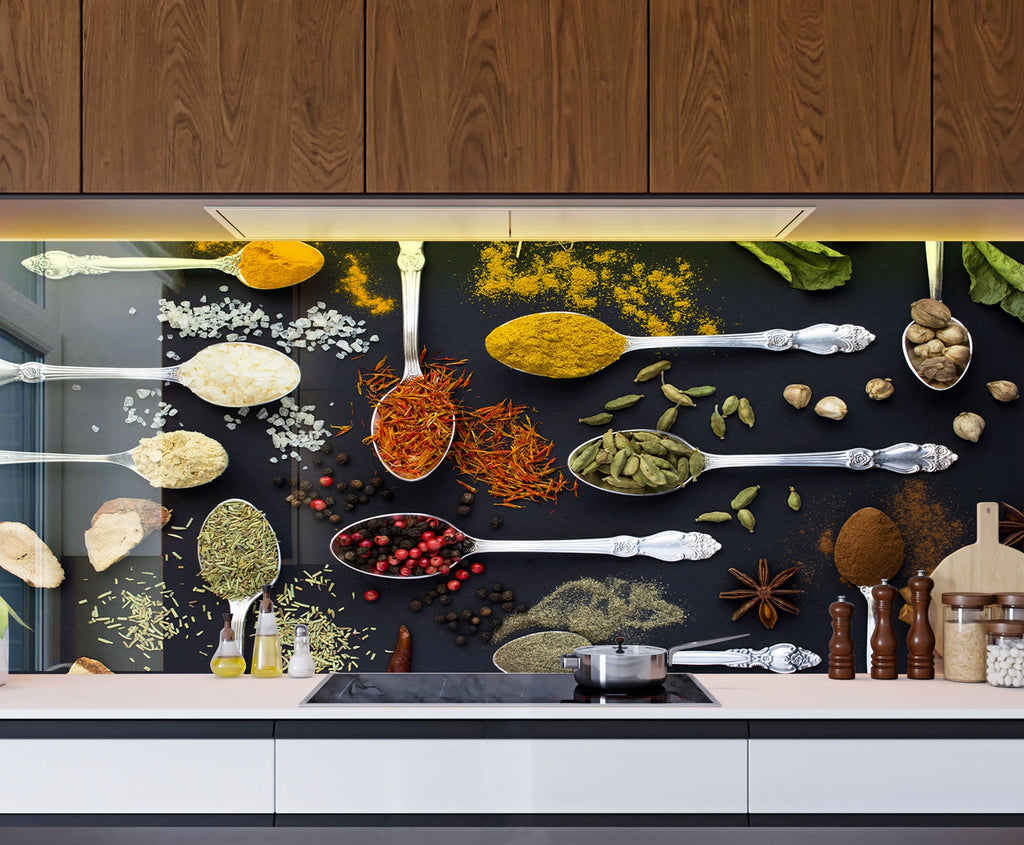 Silver Elegance Spice Art - Glass Kitchen Backsplash-BacksplashArtworks