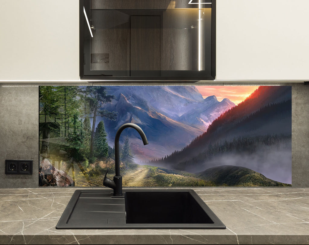 Majestic Mountain Scenery - Glass Kitchen Backsplash-BacksplashArtworks