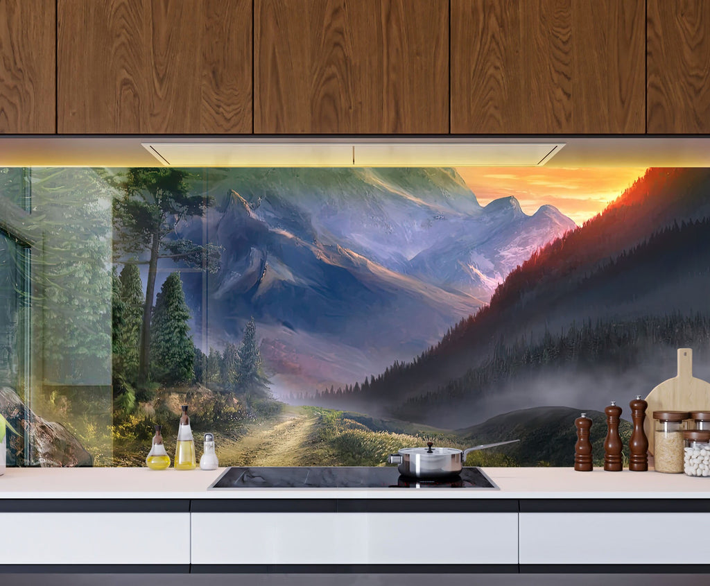 Majestic Mountain Scenery - Glass Kitchen Backsplash-BacksplashArtworks
