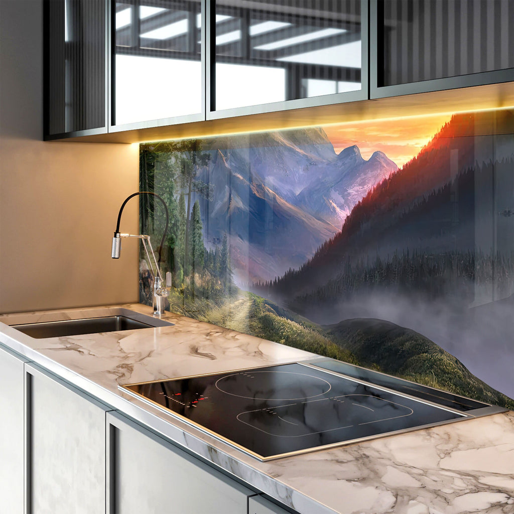 Majestic Mountain Scenery - Glass Kitchen Backsplash-BacksplashArtworks