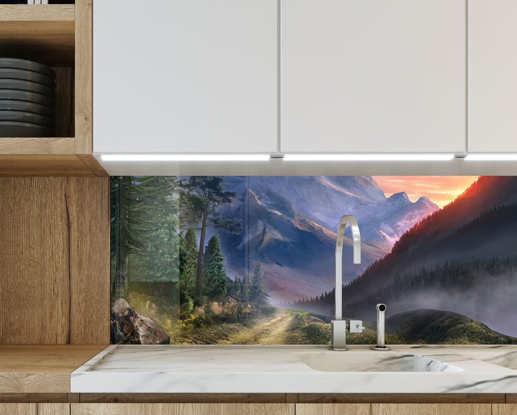 Majestic Mountain Scenery - Glass Kitchen Backsplash-BacksplashArtworks